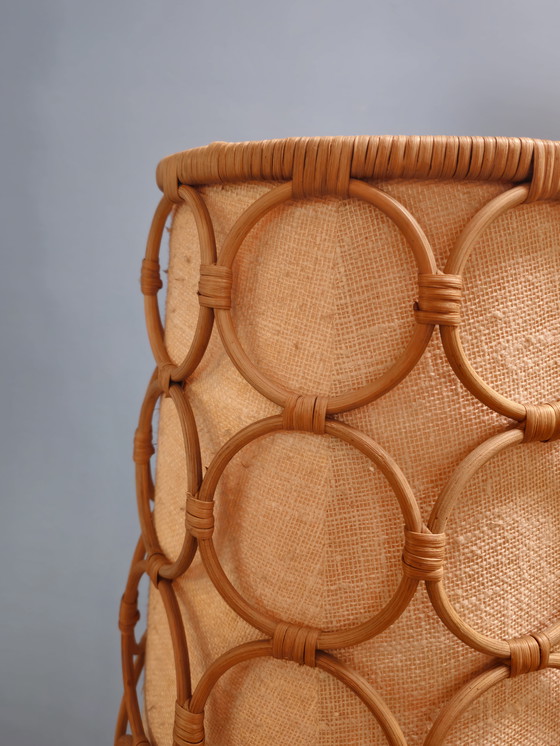 Image 1 of Vintage Vloerlamp Hout, Stof & Rotan Staande Lamp