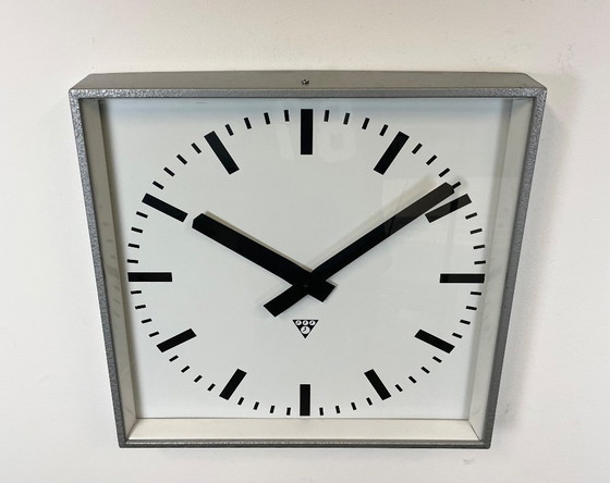 Image 1 of Large Grey Industrial Square Wall Clock from Pragotron, 1970s