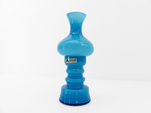 Turquoise Blue Opaline Glass Candle Holder, Scandinavian Design, Magnor Glassverk, Norway, Circa 1960