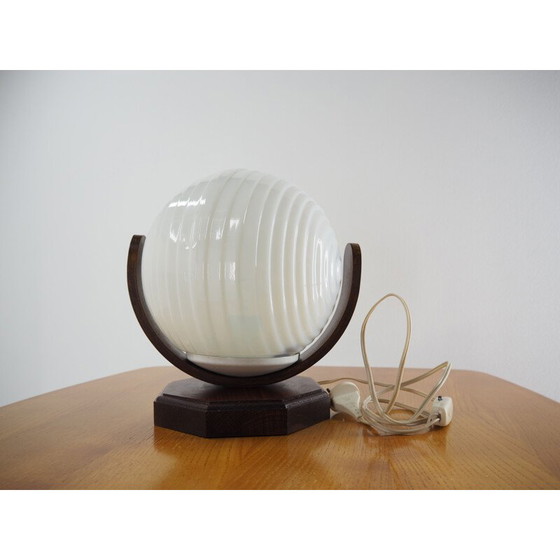 Image 1 of Vintage round table lamp in wood and glass, Czechoslovakia 1970