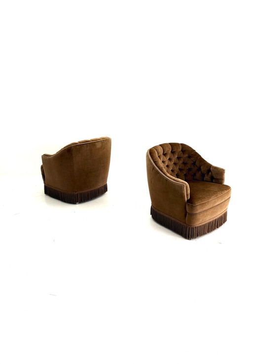 Set Van 2 Vintage Velours Fauteuil, Frankrijk ‘60 – Wood, Textile (photo 4 of 10)