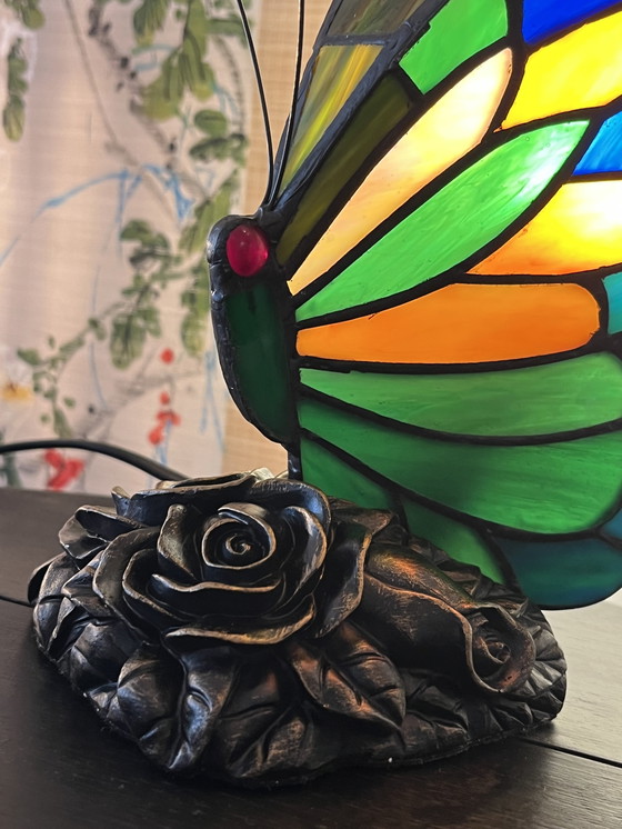 Image 1 of Set of 2 Stained Glass Table Lamps Butterfly Lamps
