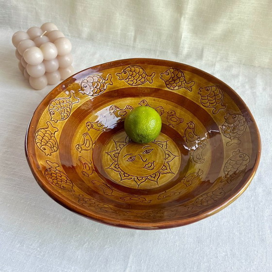 Image 1 of Large 30cm Claire Landolt Signed Swiss Studio Pottery Bowl - Sun Face