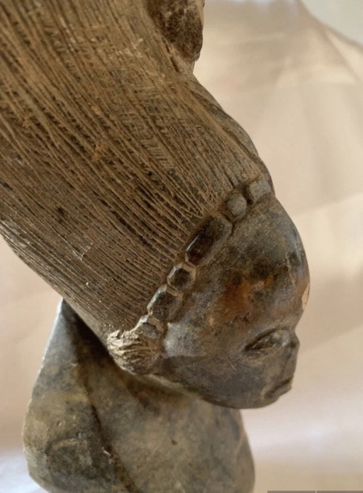 Antica Scultura Africana in Pietra Mbigou Gabon Testa/Busto Scolpito 1950-1980