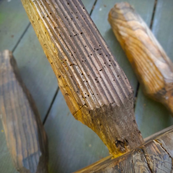 Image 1 of Pair of Brutalist tripod stools in grey pine. France, 50s