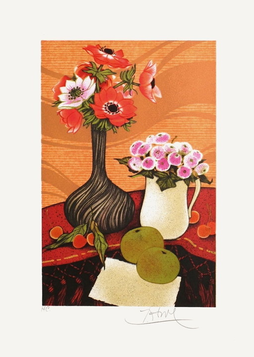 Yves GANNE Bouquet d'anémones Gesigneerde litho 1980