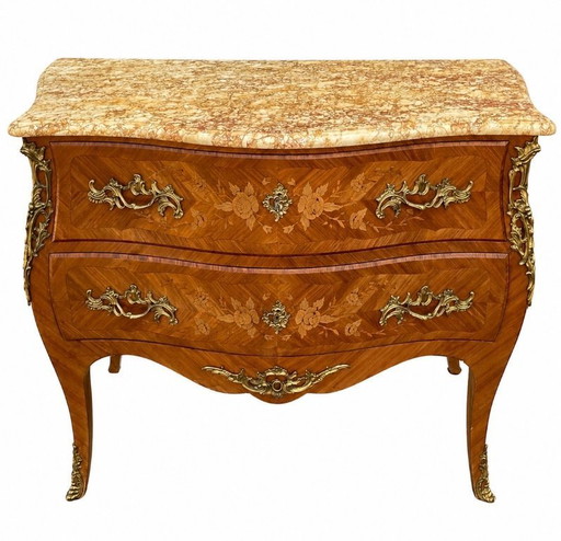 Louis XV style chest of drawers in marquetry and veined marble