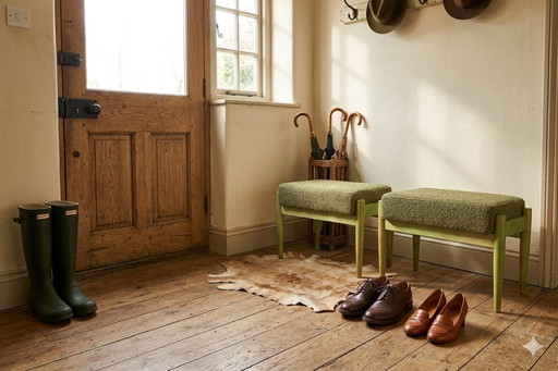 Set aus zwei Fußhockern im Vintage-Stil, einzigartiges Design aus grünem Holz und Bouclé-Polsterung