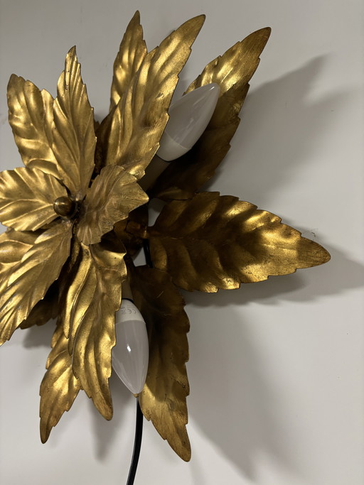 Lampada da parete a forma di fiore fiorentino dorata, W. Müller Monaco (anni '60)