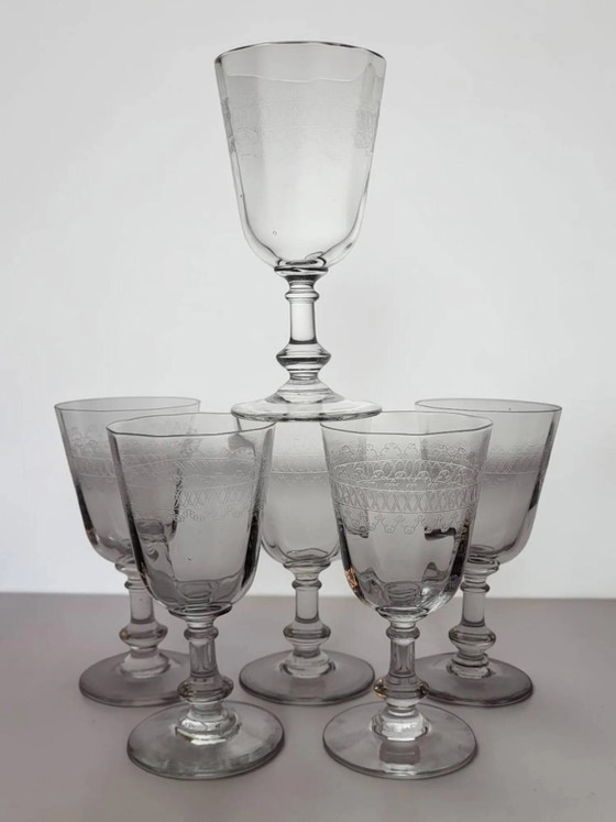 6 engraved glass wine/water glasses from the early 20th century. – Glass & Decanter, Crystal (photo 10 of 10)