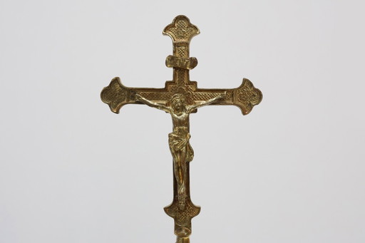 French Antique Catholic Alter or table Crucifix in cast copper, 1900s