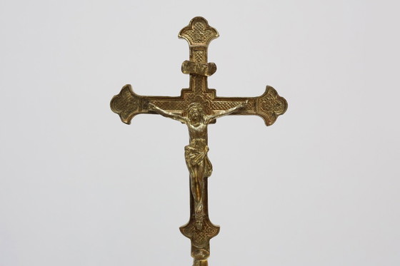 Image 1 of French Antique Catholic Alter or table Crucifix in cast copper, 1900s