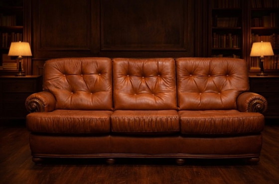 Image 1 of Ensemble de salon classique en cuir de style Chesterfield — Canapé 3 places + 2 fauteuils — Ensemble bibliothèque intemporel