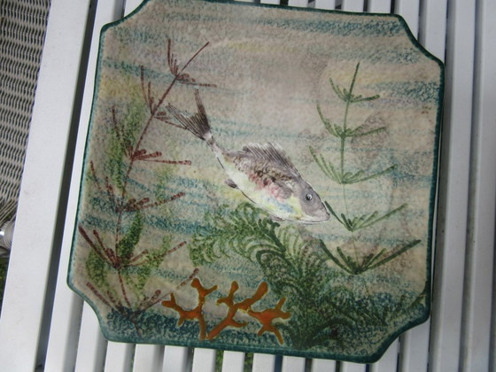 Image 1 of M.G.A. G. Mazzotti Albisola Italia 6 Piatti da Pesce, 1 Vassoio Grande da Portata e 1 Ciotola con Coperchio