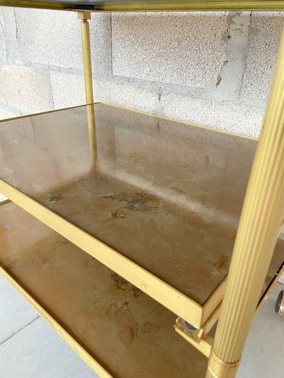 Image 1 of Vintage serving cart in gilded brass and glass on casters, 1960s-1970s
