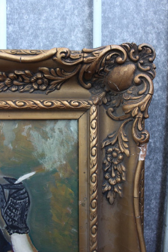 Image 1 of Lady Smoking in Art Nouveau Style, 1950s, Oil Painting, Framed