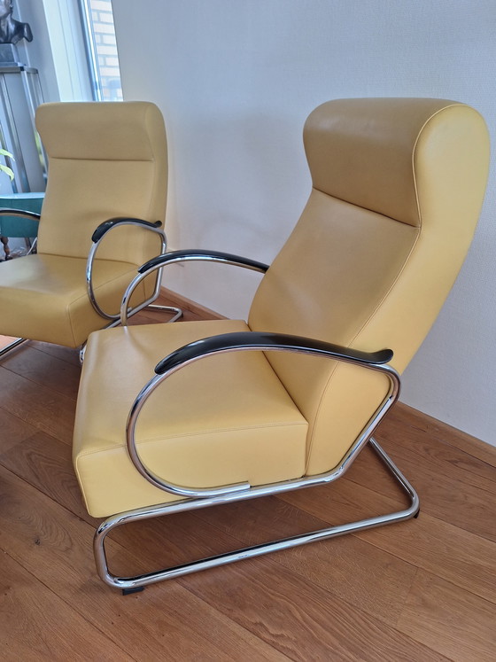 Image 1 of 2x Dutch Originals Gispen 423 armchairs + Gispen 443 ottoman