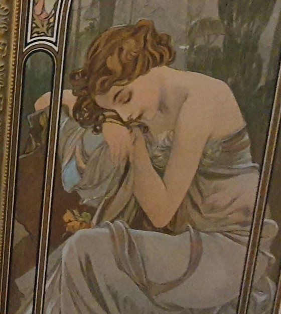 Image 1 of 3 ingelijste prenten, schilderijen van Alphonse Mucha, Tijden van de dag, Art Deco