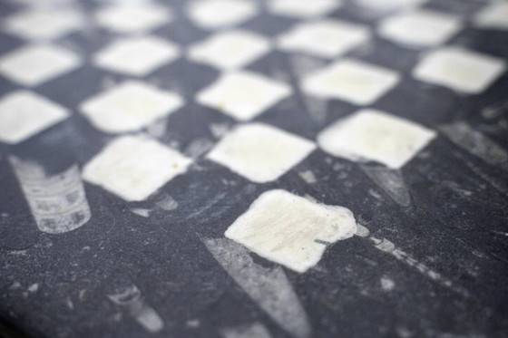 Image 1 of Handpainted Fossil Marble Chess Board, Vintage 1970s Cheese Charcuterie Tray, Black White Checkered Orthoceras Decor Gift