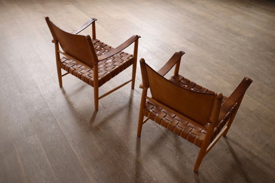 Paire de Fauteuils Safari en Cuir Cognac Tressé, Danemark, années 1960 – Leather (photo 11 of 21)