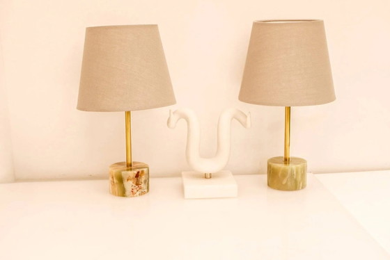 Image 1 of Mid-century modern Italian onyx and brass table lamps, set of 2