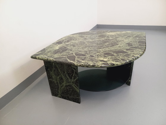 Image 1 of Vintage Square Coffee Table with 2 Tops in Green Marble and Smoked Glass from the 70s