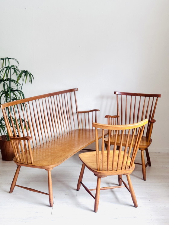 Image 1 of Vintage Minimalist Spindle Bench + Chairs 1950s/60s