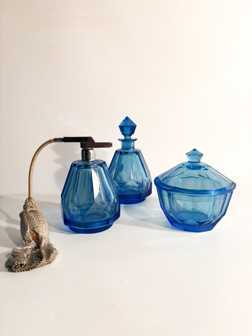 1950s Light Blue Glass Vanity Set – decoratieve objecten