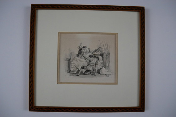 Image 1 of Pain. Black and white engraving, marquetry wood frame