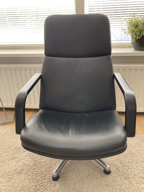 Image 1 of Artifort F154 Black Leather Swivel Armchair