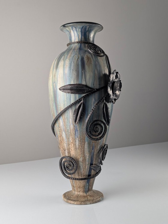 Image 1 of Vaso in gres e ferro battuto Art Déco belga Roger Guérin, anni '30
