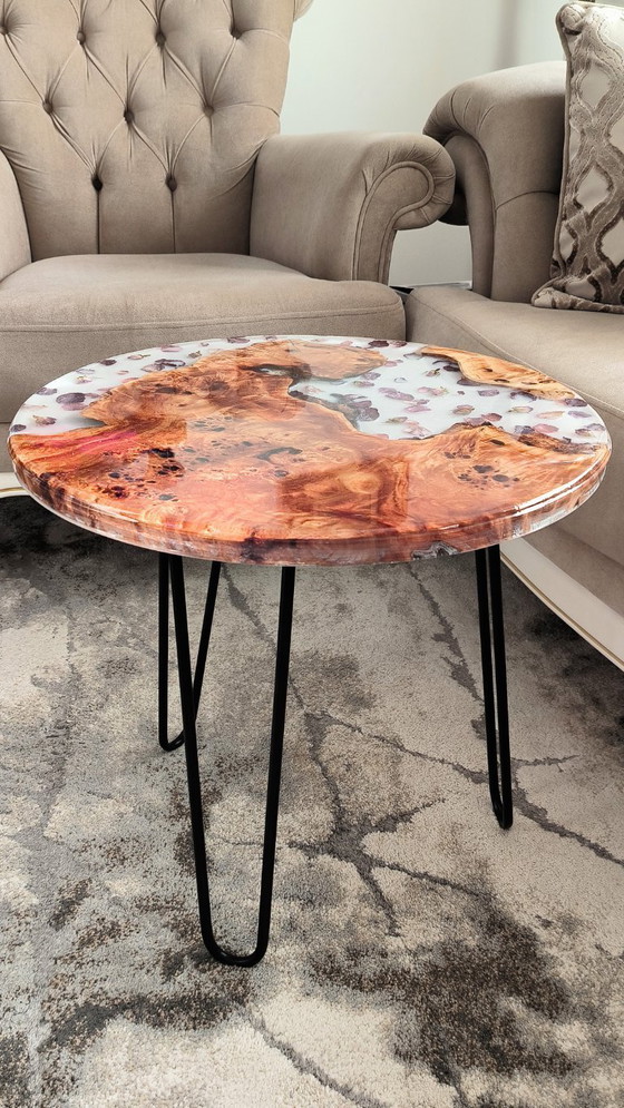 Image 1 of Handmade Poplar & Epoxy Resin Table – Floral Art Coffee Table
