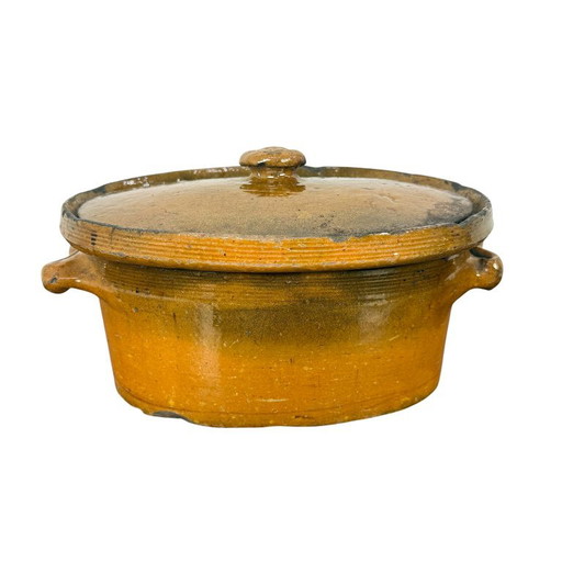 Casseruola antica francese in terracotta con coperchio