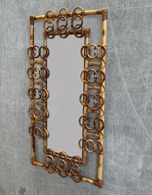 Vintage-Spiegel aus Rattan und Schilf, Ringdetails – Spanien, 50er Jahre