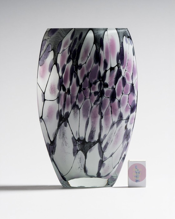 Image 1 of Large Murano Art Glass Vase 1980s • Hand Blown • Violet Black White Postmodern Italian