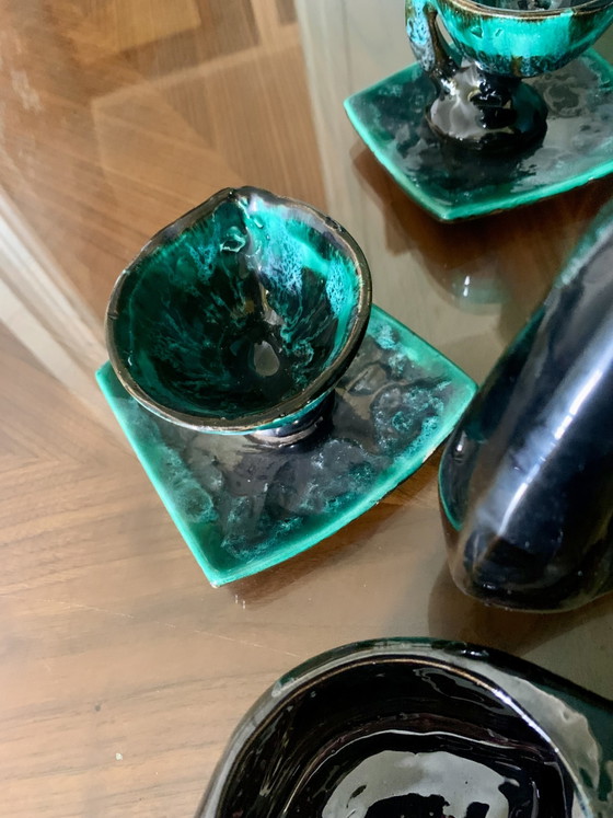 Service À Café / Thé Sculptural Vallauris Vintage — Émail Vert Émeraude Réactif & Noir Profond (Années (photo 7 of 15)