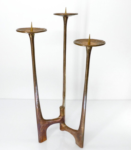 Brutalist XXL tripod candlestick in bronze, Michael Harjes, Germany, 1960