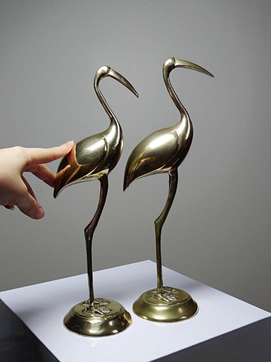 Image 1 of Paire de grands sujets Grues, Oiseaux en laiton décoratif Mid-Century vintages