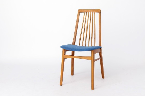 Image 1 of 2 of 6 Vintage Dining Chairs, 1960s German Design, Mid Century Modern Beech Chairs, Reupholstered Blue Fabric Seats