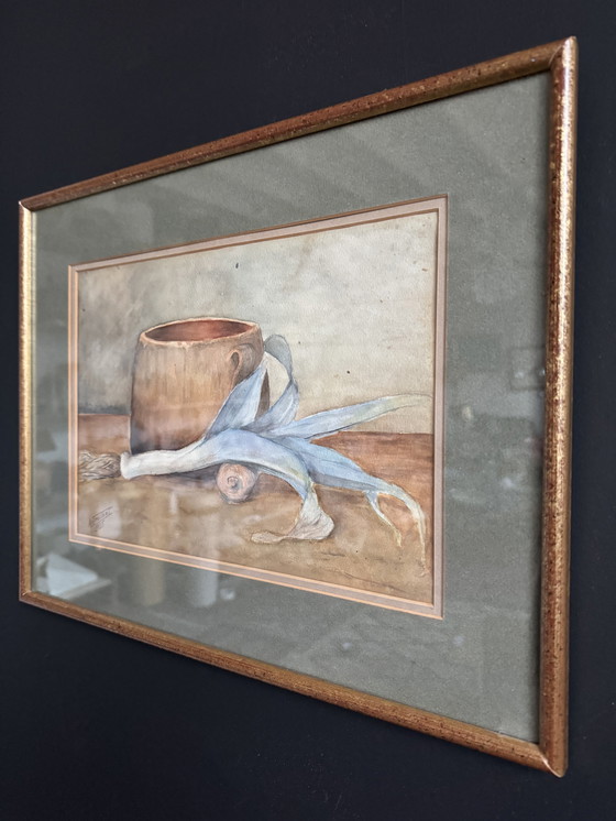 Image 1 of Antieke aquarel stilleven van een prei