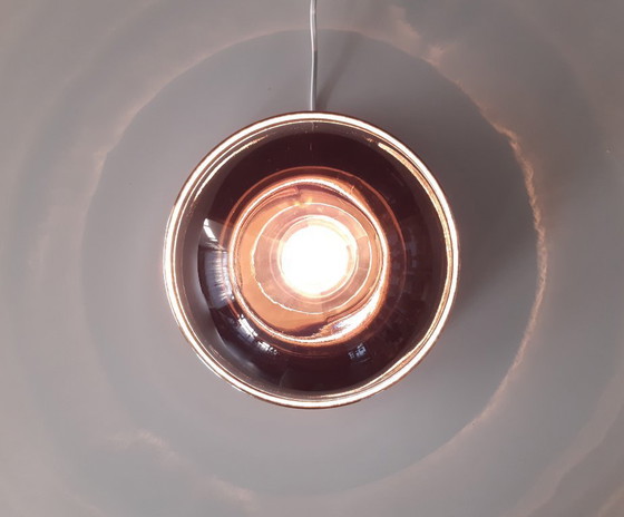 Image 1 of Stijlvolle space age plafonnière met rookglazen kap, vintage glazen plafondlamp met chroom