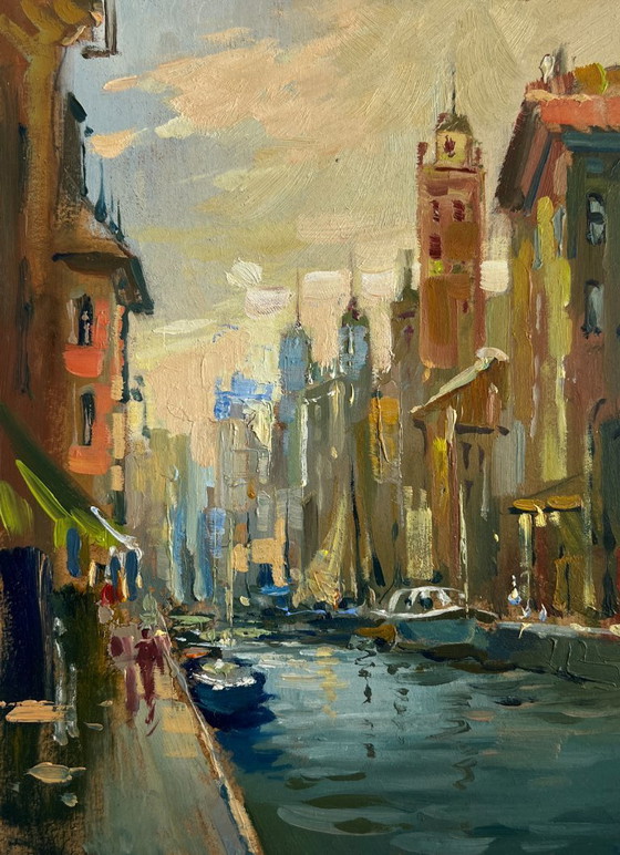 Image 1 of Original Oil Painting City River Landscape Reflection of Venice