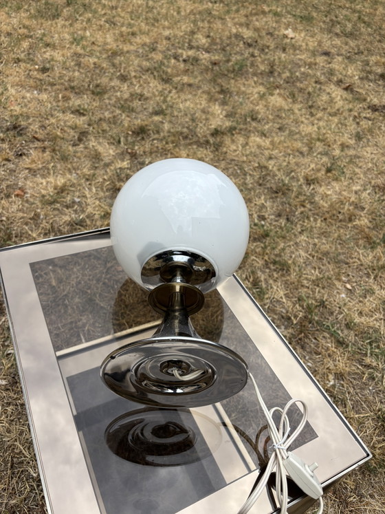 Vintage Space Age Table Lamp – Opaline Glass Globe & Chrome Base – 1970s – Metal (photo 7 of 11)