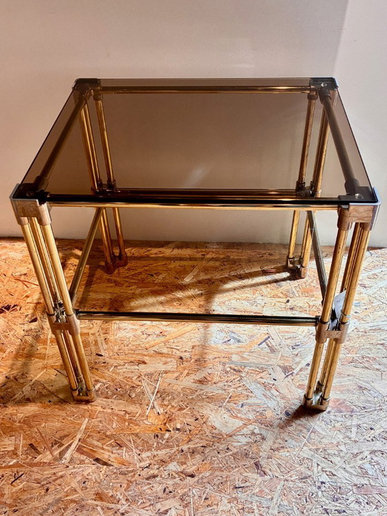 Pair of vintage Hollywood Regency style side tables, in brass and glass, dating from the 1970s. – Metal (photo 7 of 19)