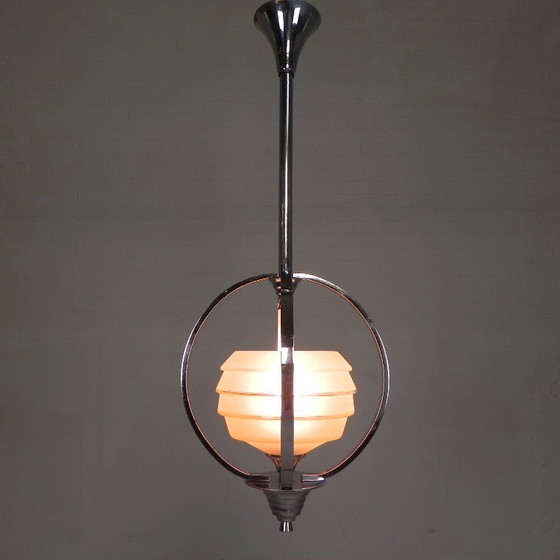 Image 1 of Art Deco pendant lamp with glass shade in a chrome frame, 1930s