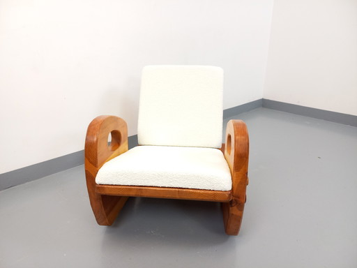 Brutalist "Luge" Rocking Chair Jean Touret Style Vintage Solid Pine and Bouclette Fabric from the 50s