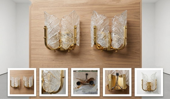 Image 1 of Zeldzaam paar "Leaves" kunstglazen wandlampen van Carl Fagerlund voor Orrefors - Zweden, jaren 1960-1970