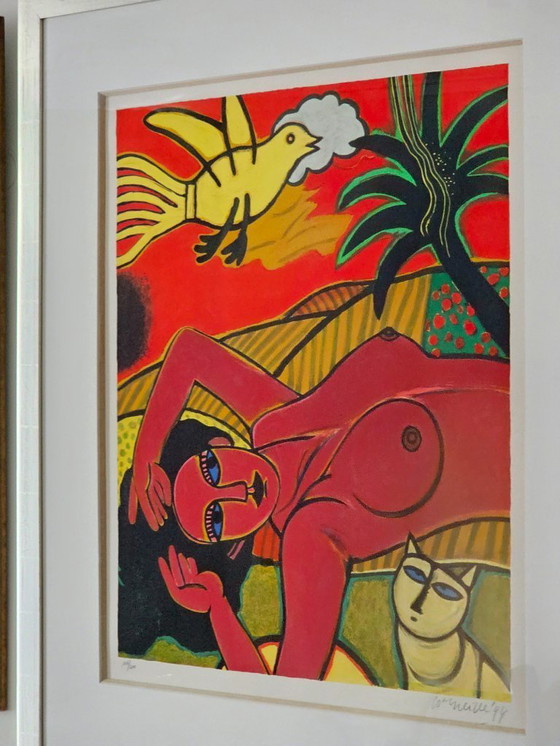 Image 1 of Corneille - Pink woman with bird and cat - Signed - 1994