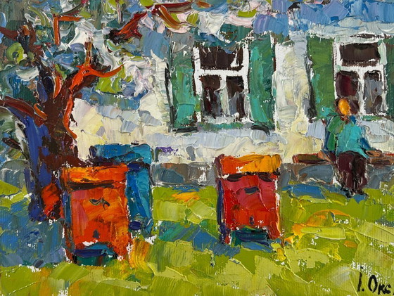Image 1 of Original Oil Painting Spring House Landscape Backyard moments