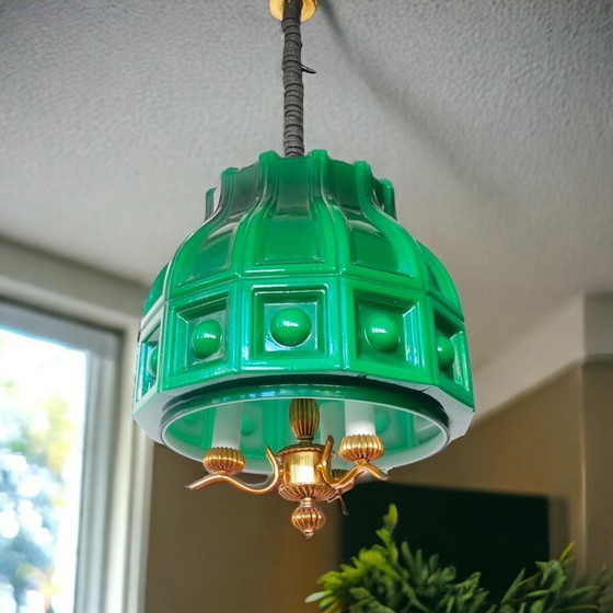 Image 1 of Grote Scandinavische hanglamp met uittrekbare arm, uitgevoerd in groen glas door Helena Tynell voor Flygsfors, jaren 60.